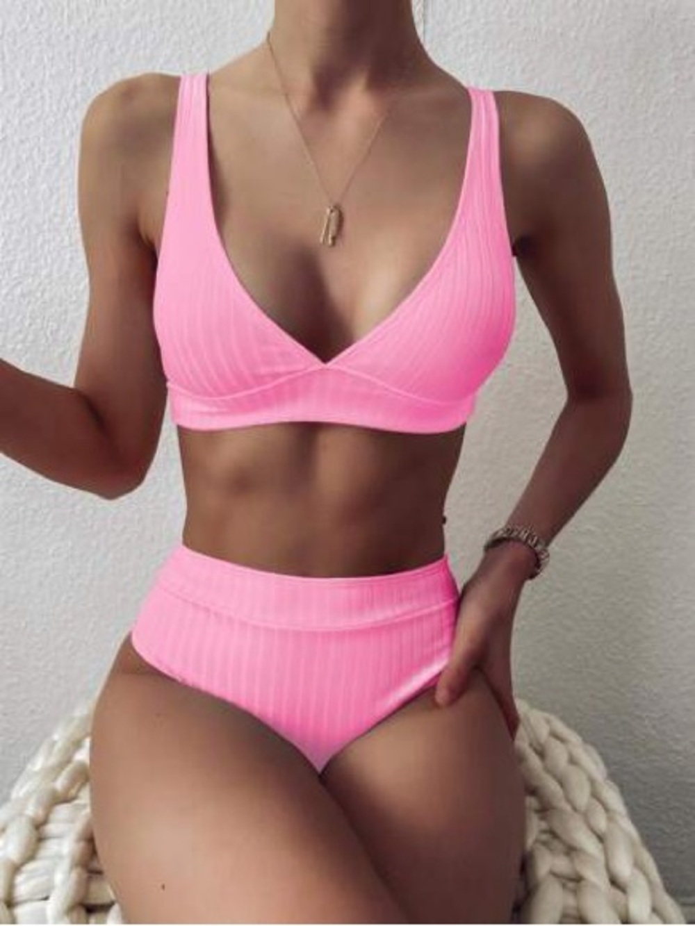 SHEIN Pink Ribbed High-Waist Bikini Set